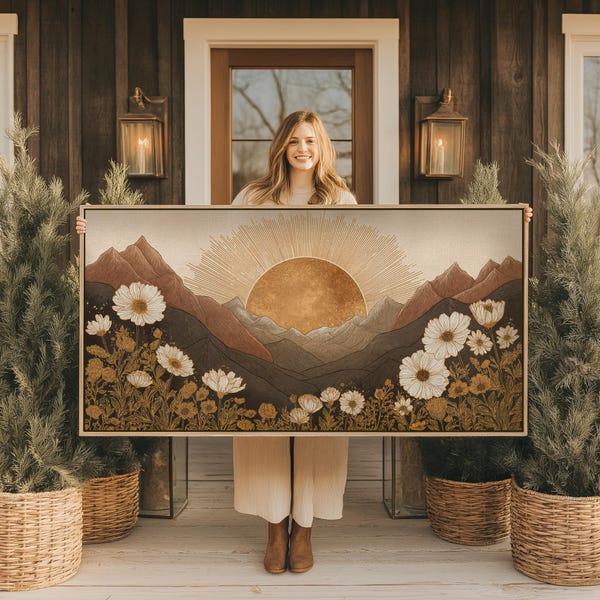 Boho Sun Landscape Wall Art, Large Horizontal Vintage Celestial Mountain Print