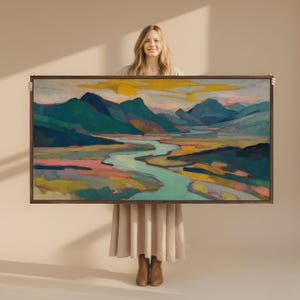 Abstraktes Flusstal Druck, minimalistische impressionistische Landschaft, Druck auf Leinwand, minimalistisches Dekor