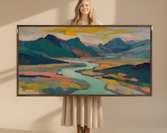 Grande oeuvre d'art murale abstraite de la vallée de la rivière, impression sur toile encadrée de paysages impressionnistes colorés, décoration maximaliste