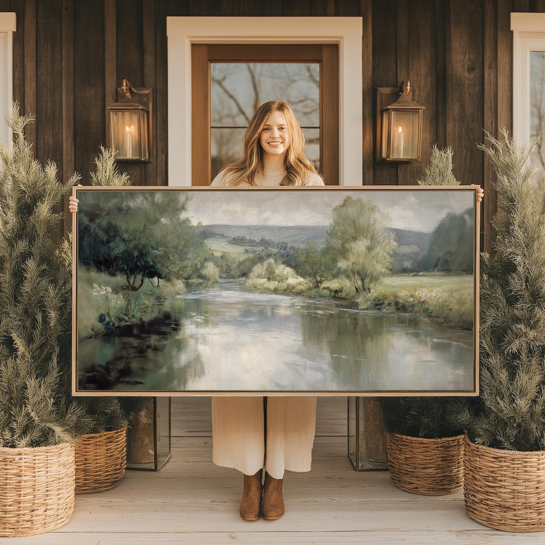 Large Framed River Landscape Canvas Print: Rustic Farmhouse Wall Art - Gold Framed Canvas, 120×60 cm | 48x24 in