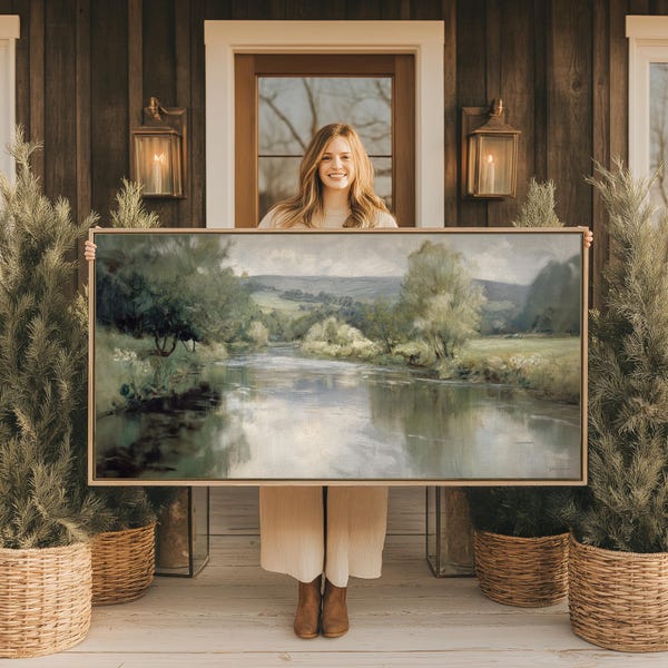 Grote ingelijste canvasprint rivierlandschap: rustieke boerderijmuurkunst