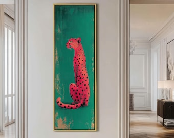 Pink Cheetah Tall Thin Modern Wall Art – Gold Framed Long Narrow Print Hallway Decor
