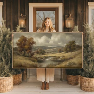 Vintage Landschaft Wand Kunst große horizontale gerahmte Leinwand, Herbst neutrale Erdtöne