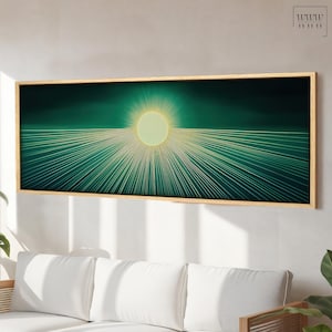 Sun Abstract Horizontal Canvas Framed Wall Art , Panoramic Emerald Green Modern Decor, Wide Minimalist Wall Hanging, Above Bed Decor, 3x1