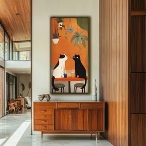 Impresión artística de pared de cafetería con gatos caprichosos de gran tamaño / Póster enmarcado moderno para amantes de los gatos / Decoración divertida de cafetería para una cocina o salón acogedor / 1x2