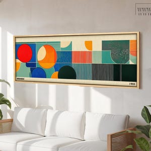 Arte de parede emoldurada retrô Bauhaus, decoração horizontal moderna de meados do século acima da cama, tela longa e estreita Bauhaus abstrata ou pôster