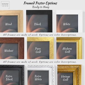 May include: Image showcasing framed poster options, ready to hang. The frames are available in various colors, including wood, black, white, walnut, pure gold, modern gold, retro black, retro white, and vintage gold. All frames are made of wood.