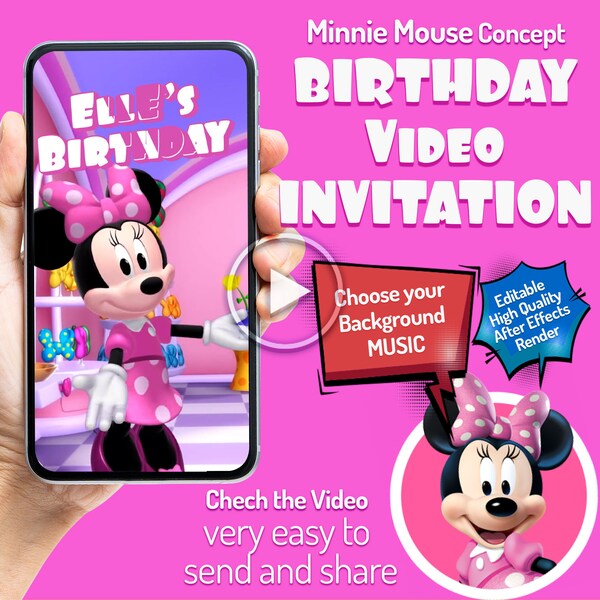 Minnie Mouse Birthday Invitation, Minnies Bowtique Video Invitation, Pink Baby Girl Shopping Concept, Animated Boutique Bday Party