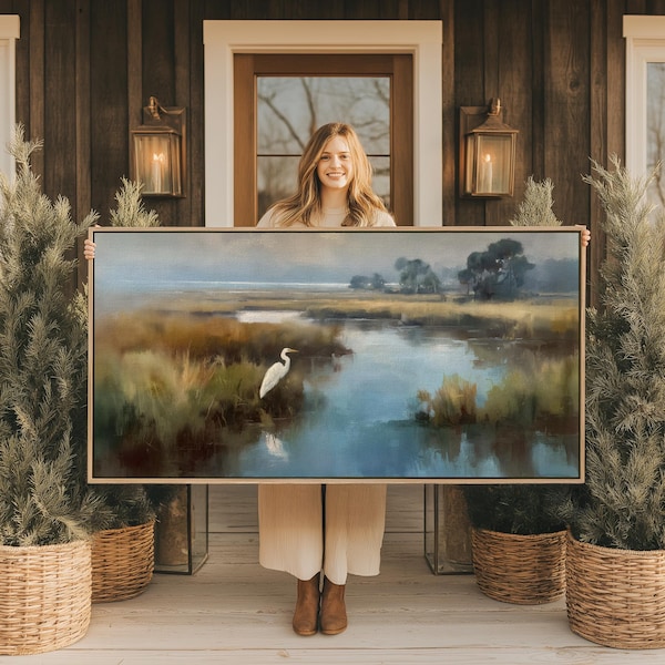 Grote panoramische witte zilverreiger met moeraslandschapsprint, gedempt blauw wetland boven beddecor