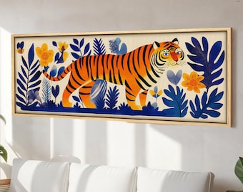 Tiger Kunstdruck: Tropische Safari Tier Illustration auf Leinwand gerahmt