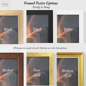 May include: Six different frame options for a poster. The frames are made of wood and come in the following colours: wood, black, white, walnut, pure gold, and modern gold.
