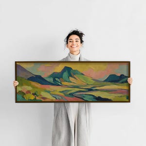 Herbst Berg Fluss Abstrakt Großer Leinwanddruck: Horizontale, moderne, erdige Panorama-Wandkunst