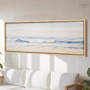 Paysage marin minimaliste, vagues de l'océan sur la plage, grande oeuvre d'art murale côtière, impression de peinture à l'huile sur toile de galerie, art mural panoramique, art au-dessus du lit
