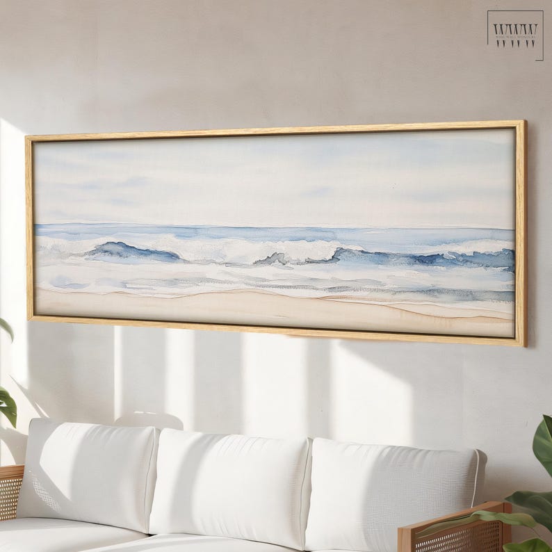 Minimalist Seascape Canvas Print: Framed Ocean Waves Panoramic Wall Art ...