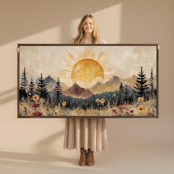 Quadro decorativo vintage com paisagem de montanha em um prado florido ao sol, tela panorâmica grande emoldurada.