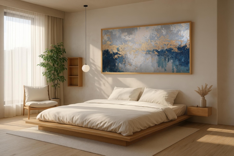 Blue Gold Abstract Large Framed Canvas Wall Art, Modern Luxury Painting ...