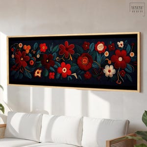 Embroidery Flowers Large Horizontal Wall Art, Modern Botanical Textile Art, Tapestry Oversized Home Decor, Framed Poster or Gallery Canvas