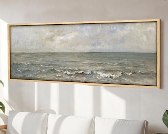 Framed Seascape Canvas Wall Art: Vintage Panoramic Landscape