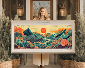 Print on Paper of Garden by the Sea With Flowers and Butterflies