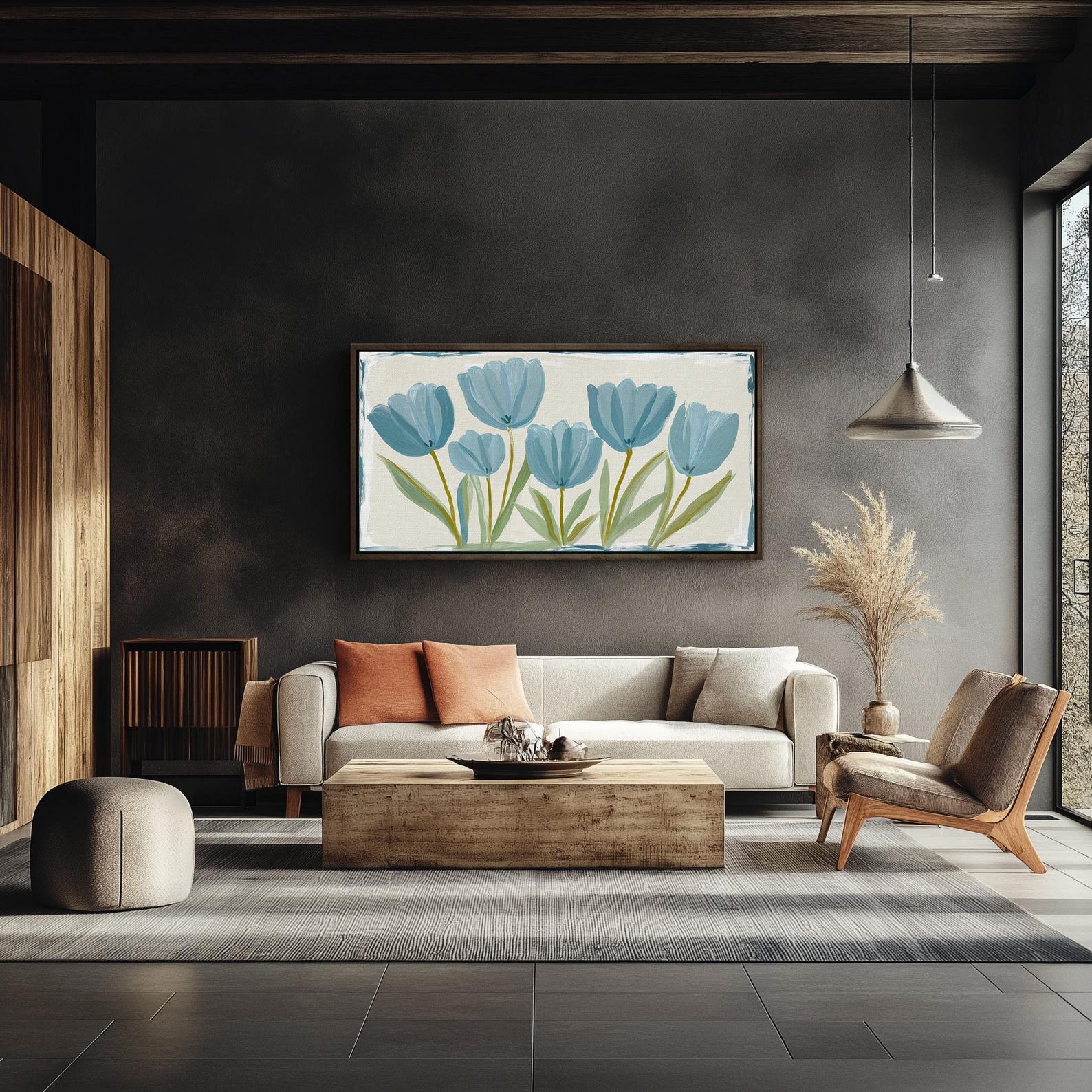 Blue Tulip Floral Botanical Large Wall Art Print: Minimalist Modern ...