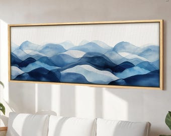 Dessin au trait Vague bleue : Impression encadrée minimaliste panoramique