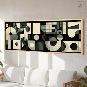 Ingelijst canvas Retro Bauhaus-kunst aan de grote muur, panoramisch modern halverwege de eeuw, horizontaal decoratie boven bed, extra grote trendy vintage galerijafdruk