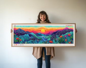 Japandi Landscape Print: Yayoi Kusama Inspired Panoramic Canvas Art
