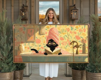 Black Cat in Bathtub Retro Large Wall Art: Funny Bathroom Framed Canvas Print