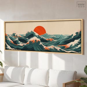 Może przedstawiać: Cyfrowa ilustracja przedstawiająca duże pomarańczowe słońce zachodzące nad turkusowym oceanem z białymi, pienistymi falami. Fale są stylizowane i mają japoński charakter.