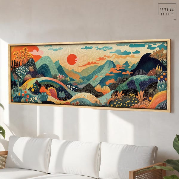 Panoramic Japanese Landscape Framed Canvas Large Wall Art, Yayoi Kusama Style Mid Century Exhibition Japandi Print, Modern Living Room Decor