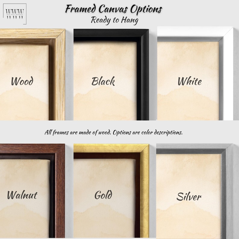 May include: Six framed canvas options, ready to hang. The frames are made of wood and come in the following colours: wood, black, white, walnut, gold, and silver.