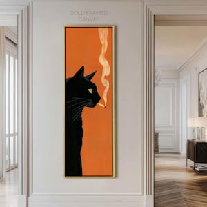 May include: A vertical rectangular canvas print in a thin gold frame featuring a profile illustration of a black cat against a solid orange background. The cat has a yellow eye and holds a lit cigarette in its mouth with a trail of smoke rising.