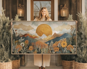 Boho Mountain Landscape Large Wall Art, Horizontal Gold Framed Canvas Print with Sun and Flowers