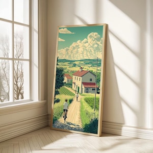 Kinder auf Fahrrädern Studio Ghibli-Stil Friedliche Bauernhofszene Druck, Kinderkarikatur-Pastellfarben Wandkunst, gerahmtes 1x2-Poster oder Leinwand