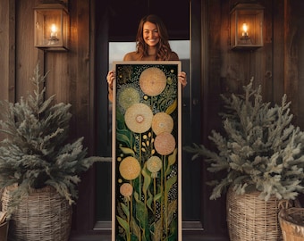 Framed Dandelion Canvas Print: Golden Botanical Leaves, Tall Vertical Wall Art