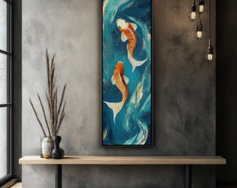 Orange Koi Fish Framed Canvas Art: Retro Japanese Zen Style