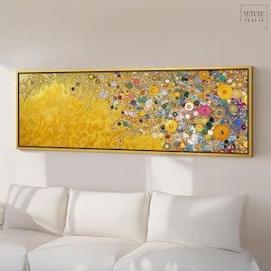 May include: A rectangular, gold-framed abstract art piece. The artwork features a textured yellow background that transitions into a vibrant display of colourful circles and dots. The colour palette includes gold, yellow, blue, pink, and green.