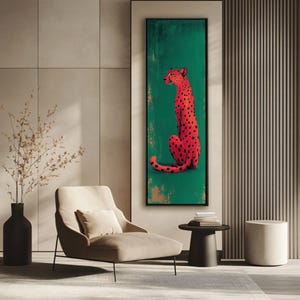 Stampa artistica "Cheetah rosa su sfondo verde smeraldo", arte moderna lunga e stretta, decorazione minimalista con stampa animalier, verticale, su tela o poster, 1x3