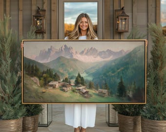 Grote canvaskunst vintage berglandschap, rustieke muurdecoratie hut