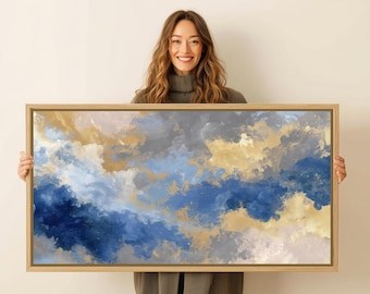 Grande toile abstraite bleu et or encadrée : décoration murale moderne et minimaliste