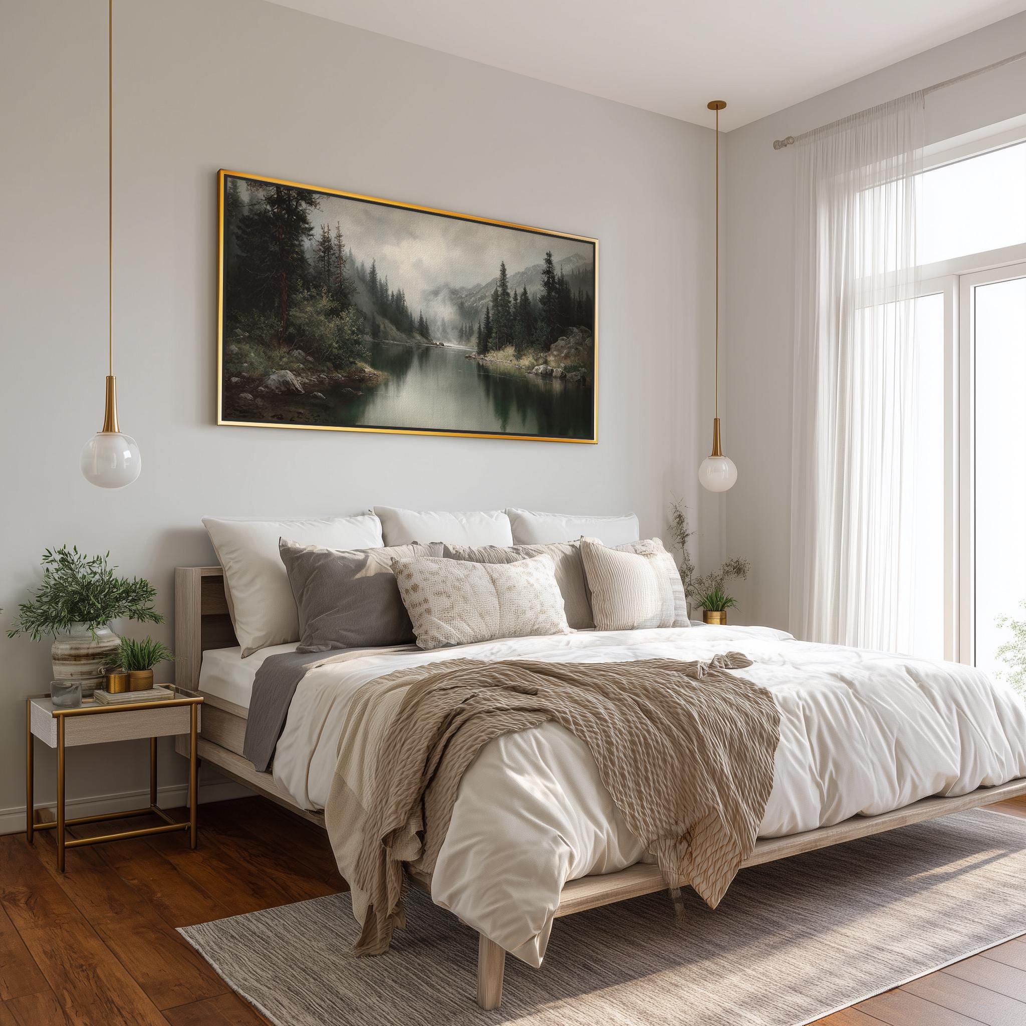 Moody Mountain Lake Large Canvas Wall Art Print, Panoramic Vintage ...