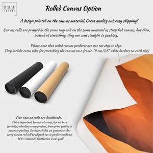 May include: Rolled canvas option for printing artwork. The image shows three canvas rolls in black, white, and brown paper, and a close-up of a canvas print with orange and brown colours. The text reads "Rolled Canvas Option", "A design printed on the canvas material. Great quality and easy shipping!" and "Our canvas rolls are handmade."