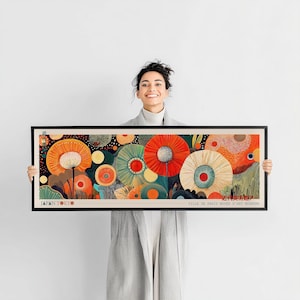Japanische Blumen Große Wandkunst Yayoi Kusama Inspirierter Druck, Horizontale Breit gerahmte Leinwand oder Poster, Japandi Landschaft Modernes Wohndekor