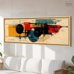 Könnte beinhalten: Abstrakter geometrischer Kunstdruck mit einem Farbschema aus Gelb, Rot, Blau und Schwarz. Der Druck zeigt sich überlappende Kreise, Quadrate und Rechtecke auf einem strukturierten Hintergrund.