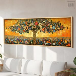 May include: A long, horizontal painting of a tree with a golden trunk and branches covered in colourful flowers. The tree is set against a background of a golden sunset with a field of flowers in the foreground.