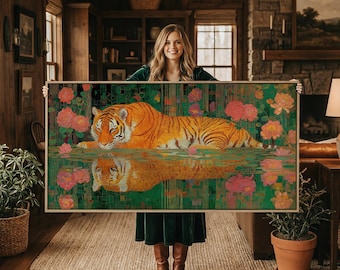 Art mural grand tigre surdimensionné dans l'eau lotus, décoration animal de la jungle maximaliste au-dessus du lit