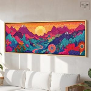 Japanische Bunte Maximalist Landschaft Panorama Druck Kunst, Natur Lange schmale Wand Kunst, große Horiznotal Moderne gerahmte Leinwand oder Poster