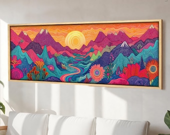 Impression colorée de paysage japonais : oeuvre d'art murale panoramique maximaliste