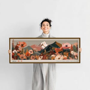 Große Wandkunst Japanische Blumen Berglandschaft Yayoi Kusama inspiriert Druck, horizontale breit gerahmte Leinwand oder Poster, Japandi modernes Dekor