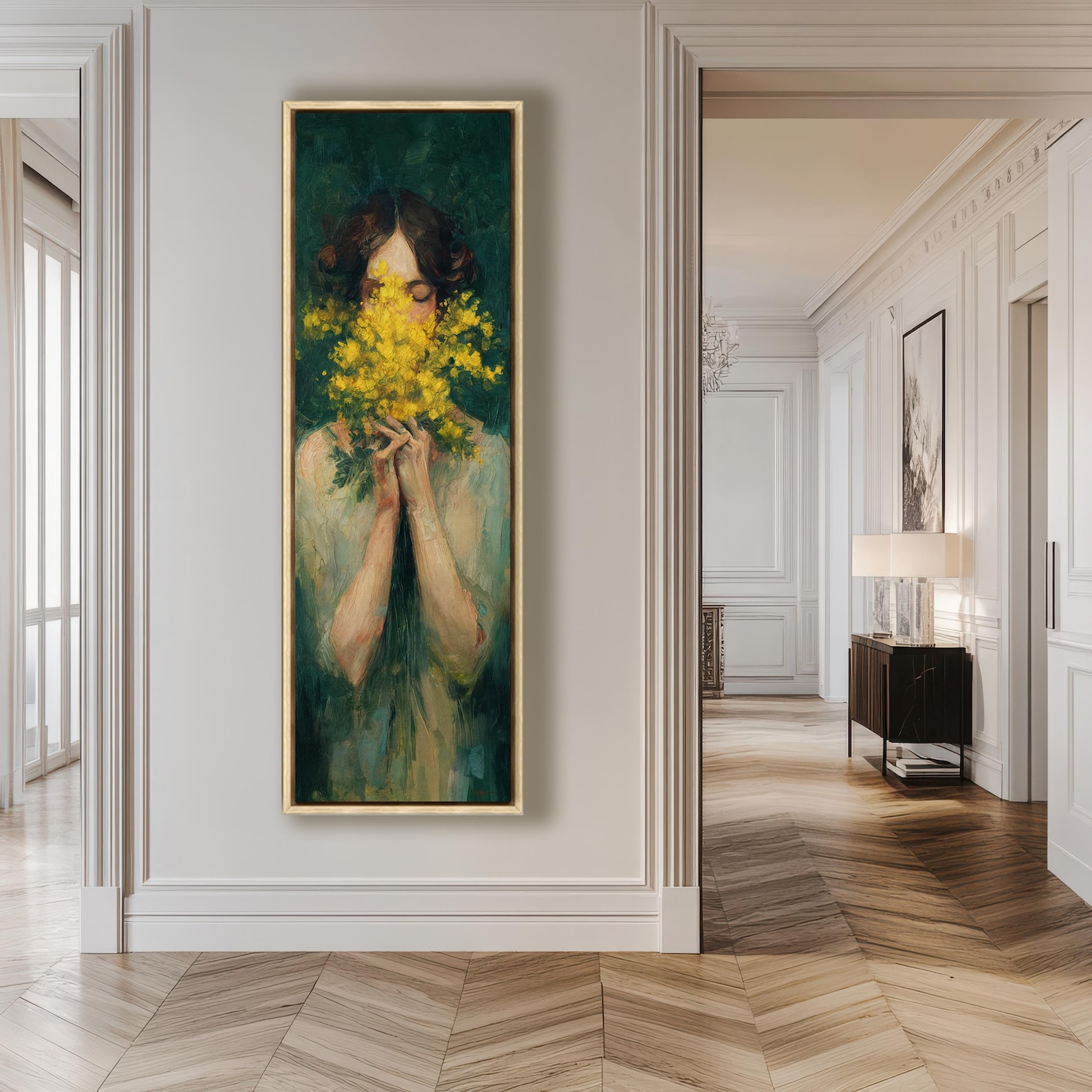 Emerald Green Woman Portrait Framed Canvas Print: Abstract Floral ...